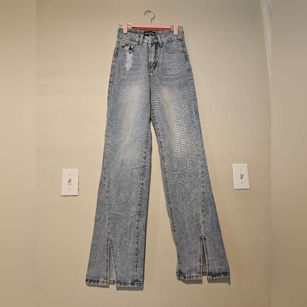 Kittenish Hise Rise Wide Leg Split Hem Retro Denim Jeans Jessie James De… - Picture 3 of 12